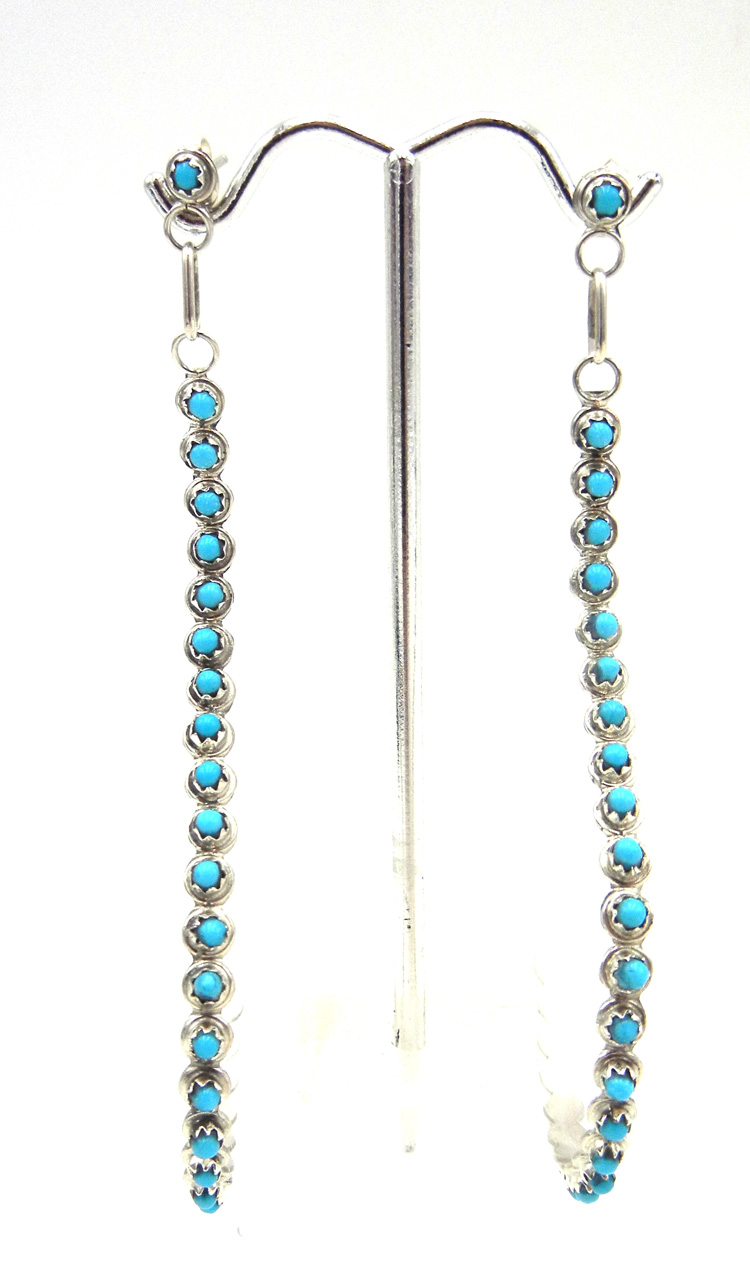 Zuni large turquoise petit point and sterling silver curved dangle earrings