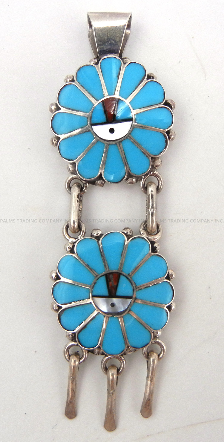 Zuni multi-stone and sterling silver inlay double sunface pendant