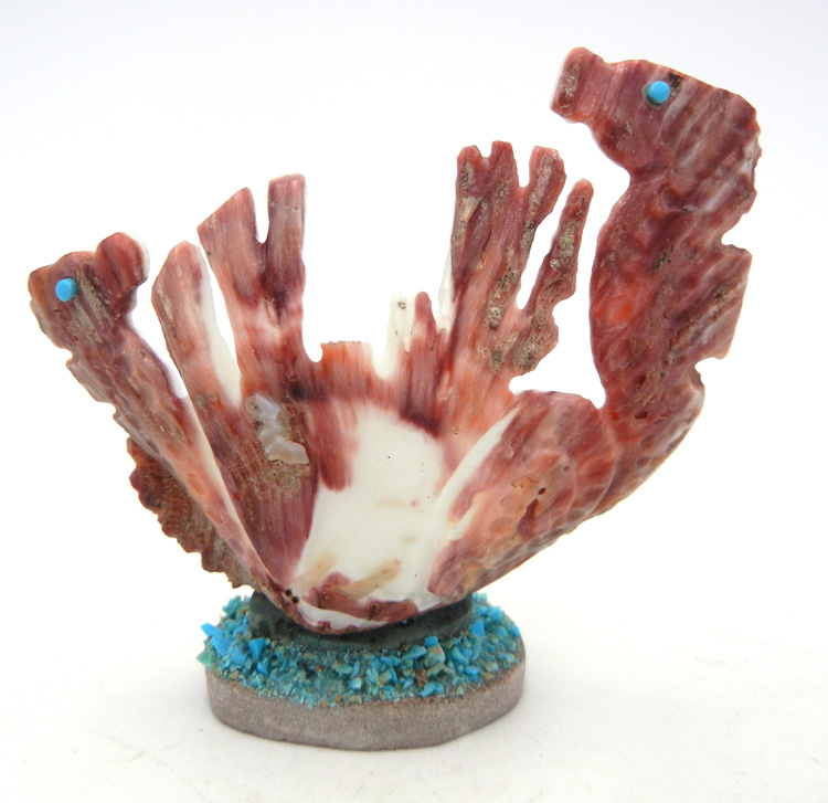 Zuni carved red spiny oyster shell double sea horse fetish by Theo Natewa
