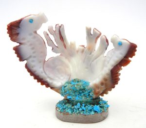 Zuni Theo Natewa Carved Red Spiny Oyster Shell Double Seahorse Fetish with Turquoise