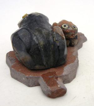 Zuni Justin Natewa Picasso Marble Carved Stone Double Frog Fetish on Sandstone Leaf