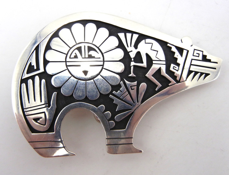 Hopi sterling silver multi-pattern overlay bear belt buckle by Berra Tawahongva