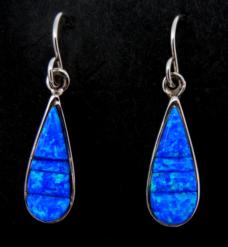 Navajo small blue lab opal and sterling silver cornrow inlay dangle earrings