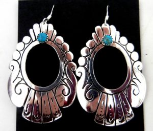 Navajo sterling silver overlay cut out dangle earrings with turquoise by Rosita Singer