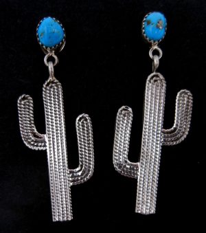 Navajo sterling silver and turquoise cactus dangle earrings