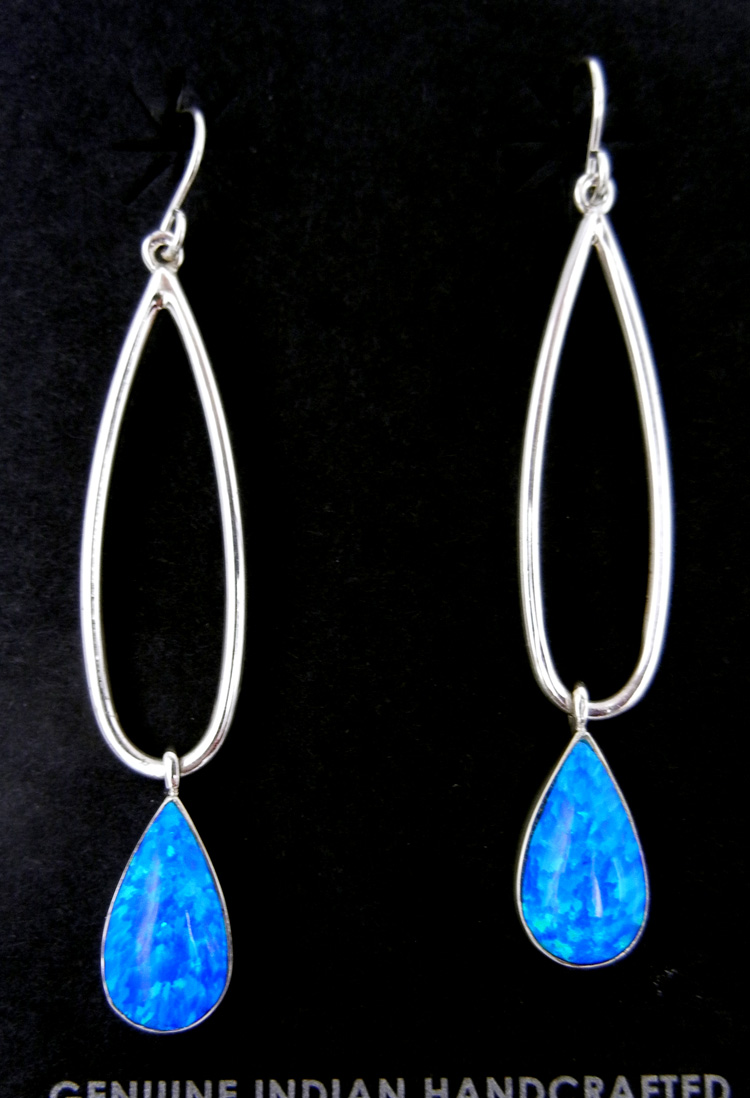 Navajo blue lab opal and sterling silver tear drop dangle earrings by Cathy Webster