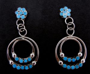 Zuni turquoise inlay and sterling silver double circle dangle earrings