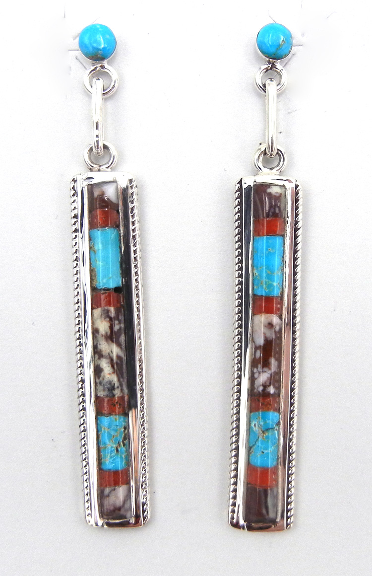 Zuni multi-stone inlay and sterling silver rectangular dangle earrings by Constance Epaloose