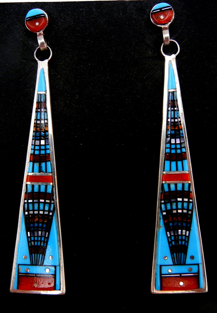 Zuni multi-stone inlay and sterling silver Yei dangle earrings