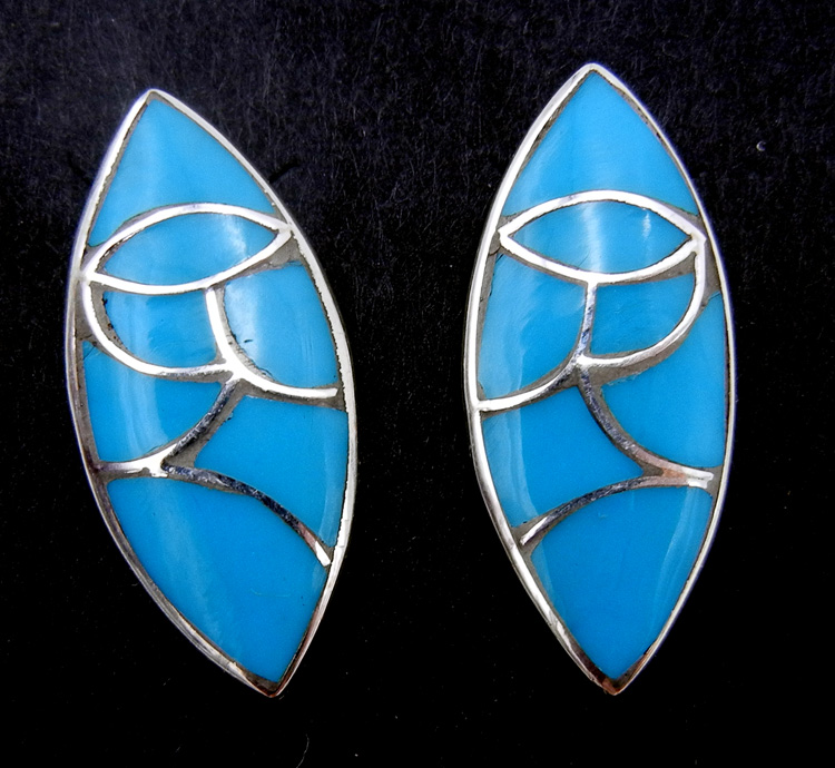 Zuni turquoise and sterling silver inlay rounded diamond post earrings.