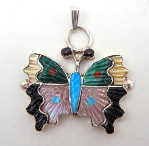 Zuni multi-stone inlay and sterling silver butterfly pendant by Tamara Pinto