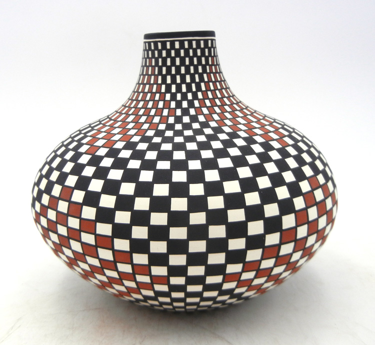 Acoma handmade and hand painted polychrome eyedazzler squat vase with square rim by Paula Estevan