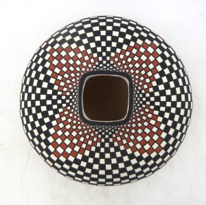 Acoma Paula Estevan Handmade and Hand Painted Polychrome Eyedazzler Square Rim Squat Vase