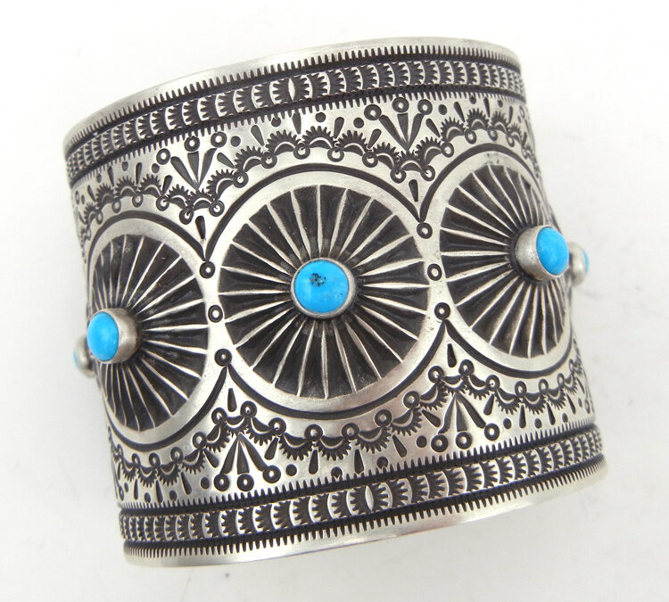 Turquoise & Tufa Vintage Navajo Silver Buckle of Repousse and Stamping