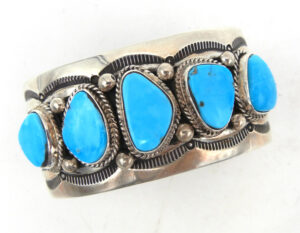 Navajo five stone turquoise and wide band sterling silver cuff bracelet