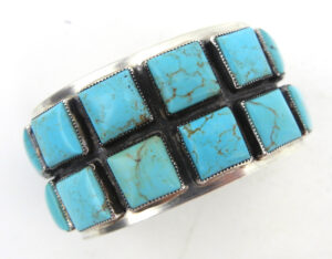 Navajo wide band turquoise and sterling silver double row cuff bracelet