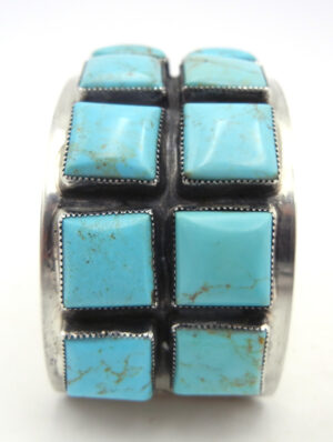 Navajo Wide Band Turquoise and Sterling Silver Double Row Cuff Bracelet