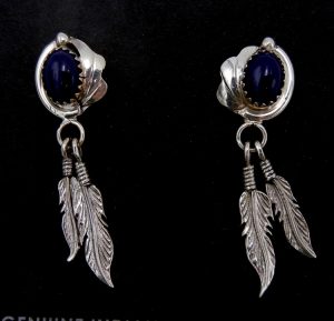 Navajo lapis and sterling silver double feather dangle earrings by Rita Largo