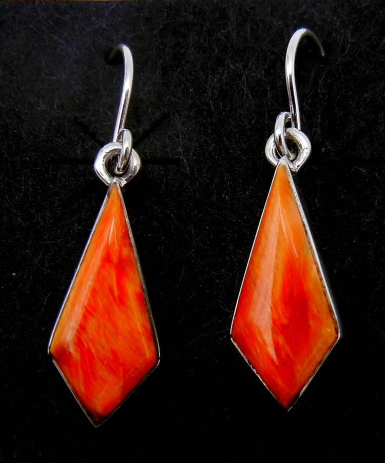 Navajo small diamond shaped orange spiny oyster shell and sterling silver dangle earrings by Cathy Webster