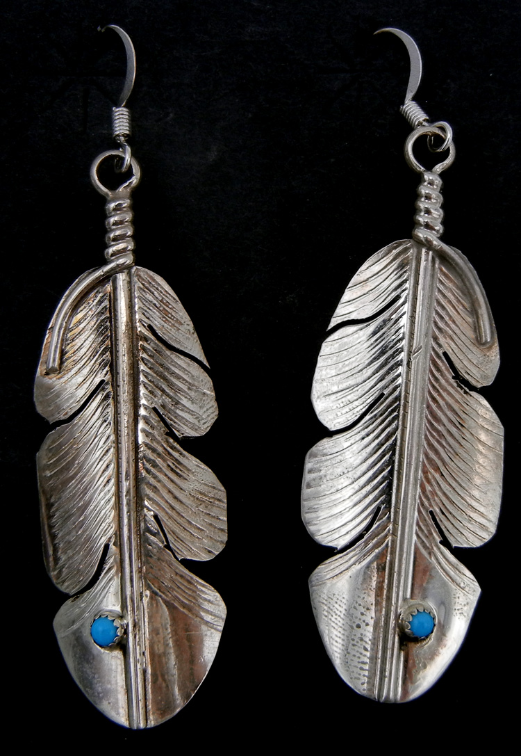 Navajo sterling silver and turquoise feather dangle earrings by Aaron Davis