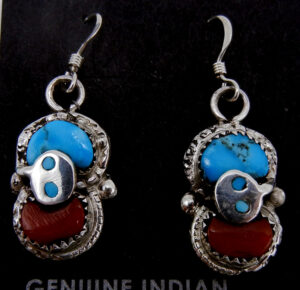 Navajo turquoise, coral and sterling silver small dangle earrings with snake accent by Effie Calavaza