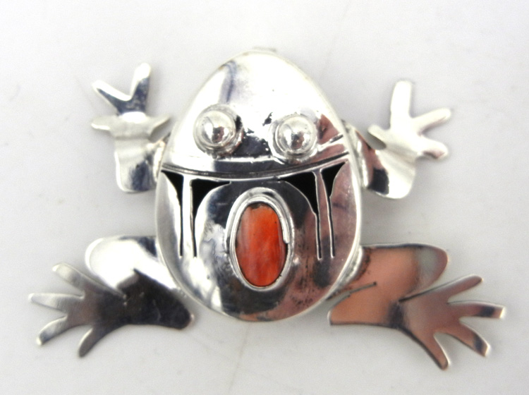 Navajo sterling silver and red spiny oyster shell shadowbox style frog pendant by Bennie Ration