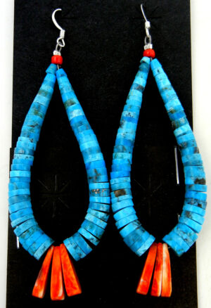 Santo Domingo turquoise and orange spiny oyster shell jacla earrings by Lupe Lovato
