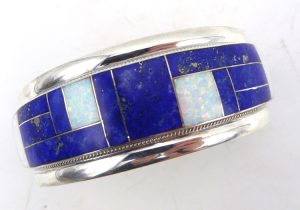 Zuni lapis, white lab opal and sterling silver channel inlay cuff bracelet by Rickel and Glendora Booqua