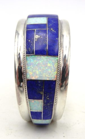 Zuni Rickel and Glendora Booqua Lapis, White Lab Opal and Sterling Silver Channel Inlay Cuff Bracelet