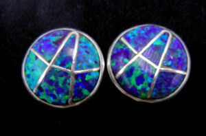 Zuni purple lab opal and sterling silver inlay round post earrings
