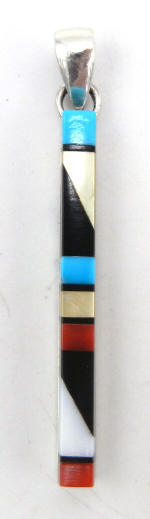 Zuni multi-stone inlay and sterling silver bar pendant