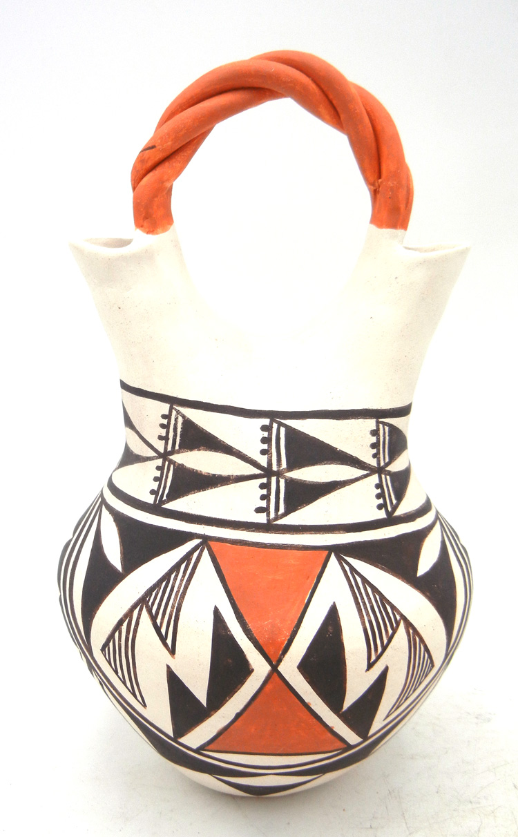 Acoma handmade and hand painted wedding vase with twisted handle by Regina Leno Shutiva