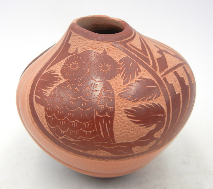Jemez handmade etched and polished two tone swirl seed pot by Brenda Tafoya