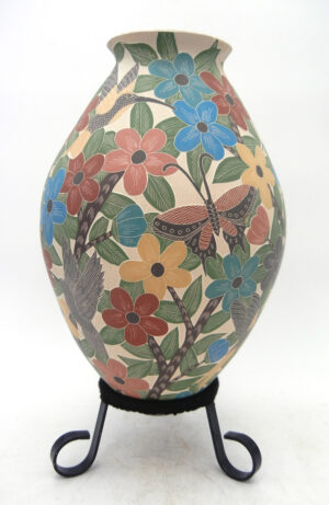 Mata Ortiz handmade, hand painted and etched butterfly, hummingbird and flower vase by Bianca Arras