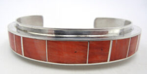 Navaojo red spiny oyster shell and sterling silver channel inlay cuff bracelet