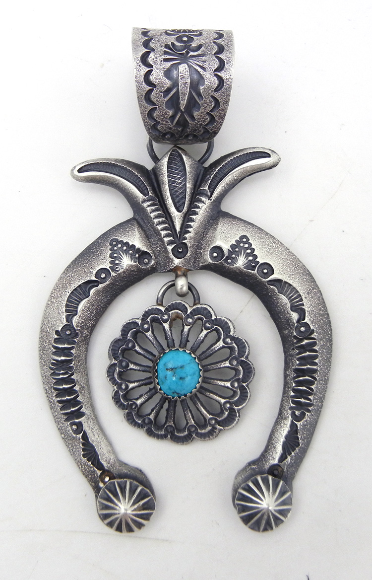 Navajo sandcast sterling silver and turquoise naja pendant by Linberg and Eva Billah