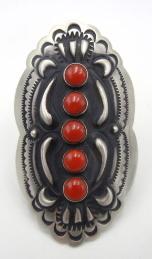 Navajo large brushed sterling silver and coral adjustable ring by Leander Tahe