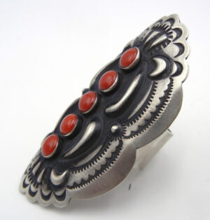 Navajo Leander Tahe Large Brushed Sterling Silver and Coral Ring