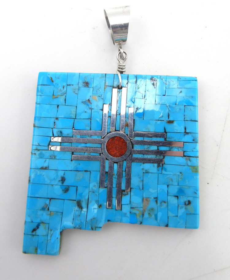 Santo Domingo turquoise, sterling silver and coral inlay New Mexico pendant with Zia symbol by Ambrosio Chavez