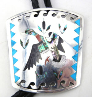 Zuni Sammy and Esther Guardian Multi-Stone Inlay and Sterling Silver Duck Bolo Tie