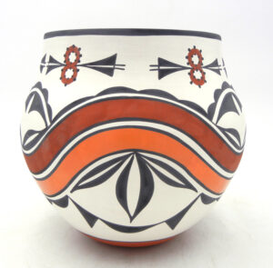Acoma handmade and hand painted polychrome "crazy 8s" jar with rainbow bands and weather patterns by David Antonio