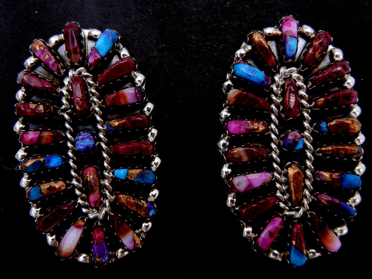 Navajo composite turquoise and purple spiny oyster shell cluster earrings by Tyler Brown