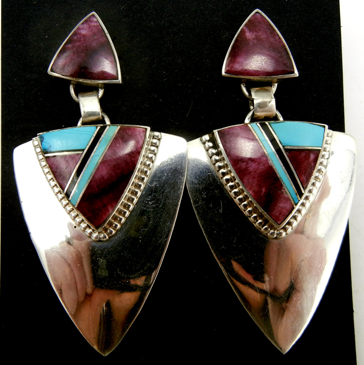Navajo multi-stone inlay and sterling silver triangular dangle earrings