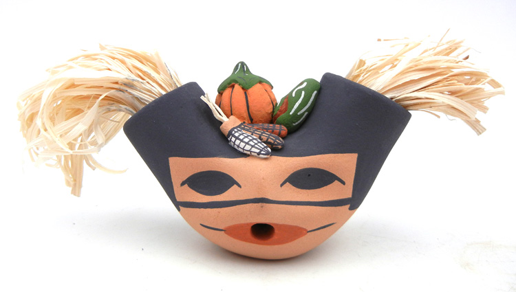 Jemez handmade koshare figurine with straw and harvest by Christine Waquie