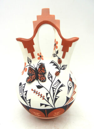 Jemez handmade and hand painted polychrome wedding vase with butterfly and lady bug accents by Carol Lucero Gachupin