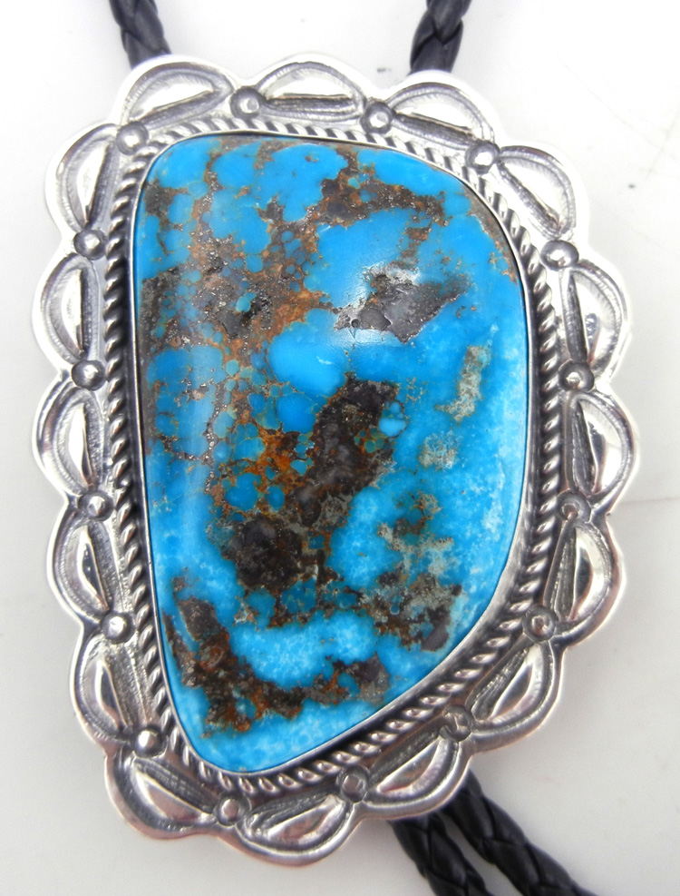 Navajo large Blue Gem turquoise and sterling silver bolo tie by Ronnie Willie