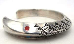 Navajo Randy Secatero Heavy Gauge Sterling Silver Triangle Cuff Bracelet with Turquoise and Coral Accents