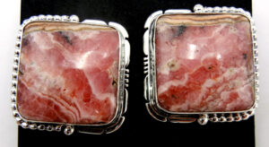 Navajo large square rhodochrosite and sterling silver earrings by Rydell Billie