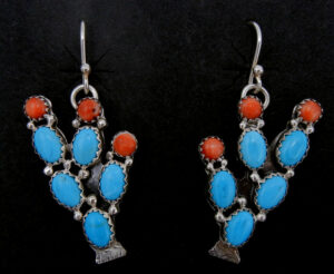 Navajo turquoise and red spiny oyster shell prickly pear cactus earrings with sterling silver
