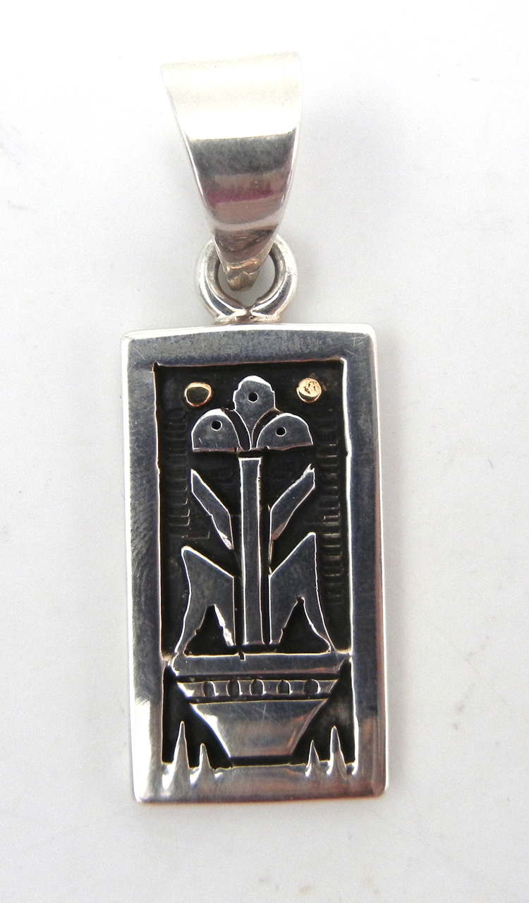 Santo Domingo sterling silver and 14k gold overlay small pendant by Joseph Coriz with corn stalk and clouds